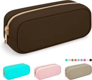 Nylon Slim Makeup Bag, Compact Cosmetic Pouch, Waterproof Zipper Purse for Travel, Storage for Women, Girls, Teens (Brown)