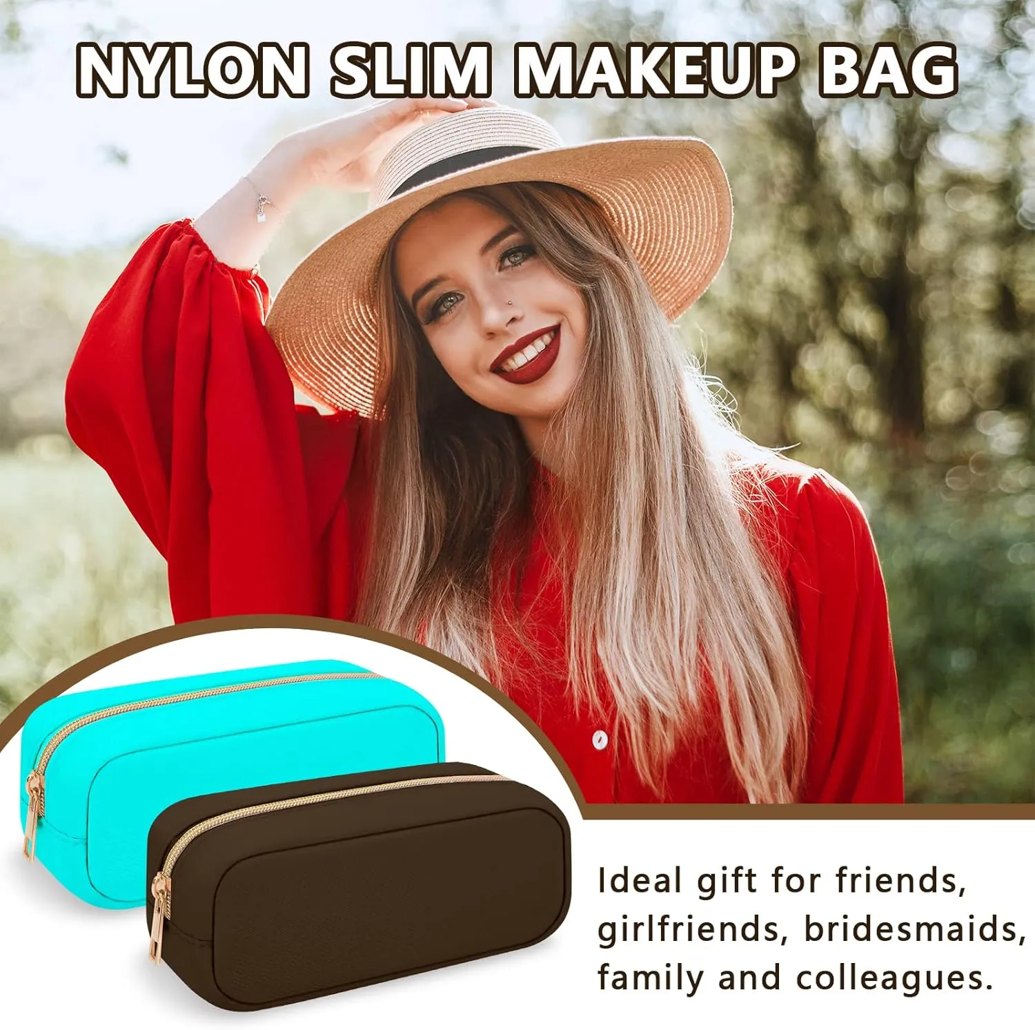 Nylon Slim Makeup Bag, Compact Cosmetic Pouch, Waterproof Zipper Purse for Travel, Storage for Women, Girls, Teens (Brown)