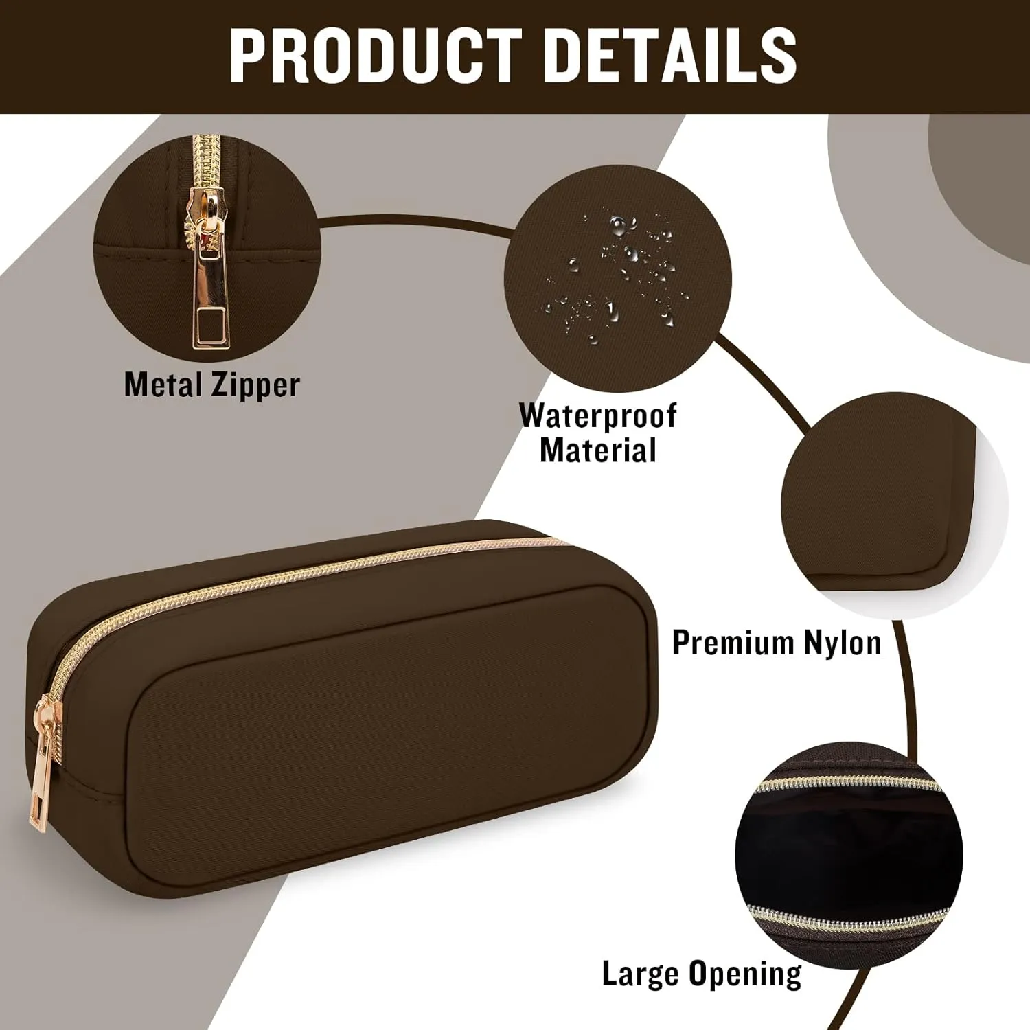 Nylon Slim Makeup Bag, Compact Cosmetic Pouch, Waterproof Zipper Purse for Travel, Storage for Women, Girls, Teens (Brown)