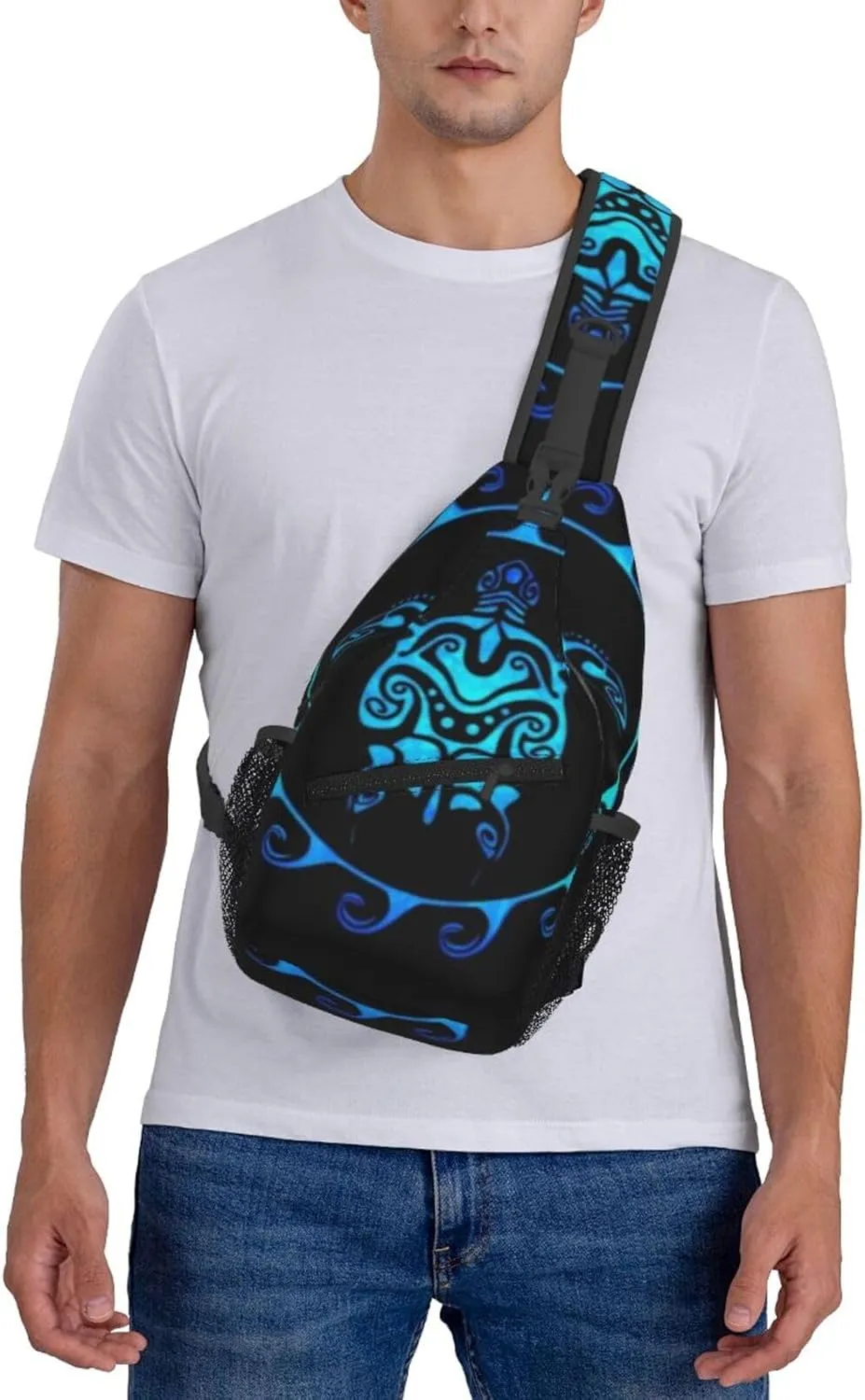 Ocean Blue Tribal Hawaiian Sea Turtle Men'S Crossbody Bag Travel Hiking Shoulder Backpack Chest Bag