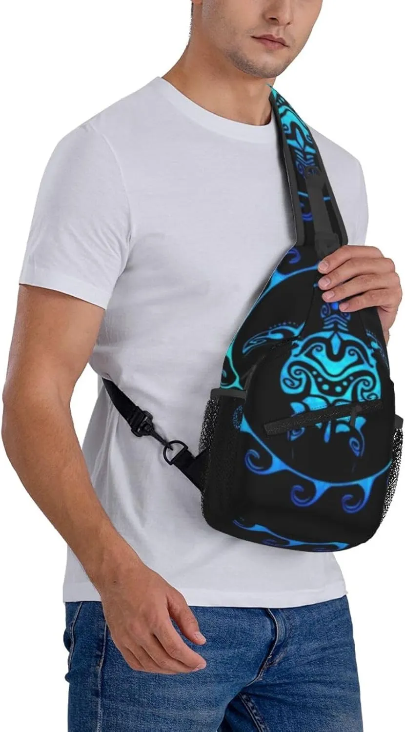 Ocean Blue Tribal Hawaiian Sea Turtle Men'S Crossbody Bag Travel Hiking Shoulder Backpack Chest Bag