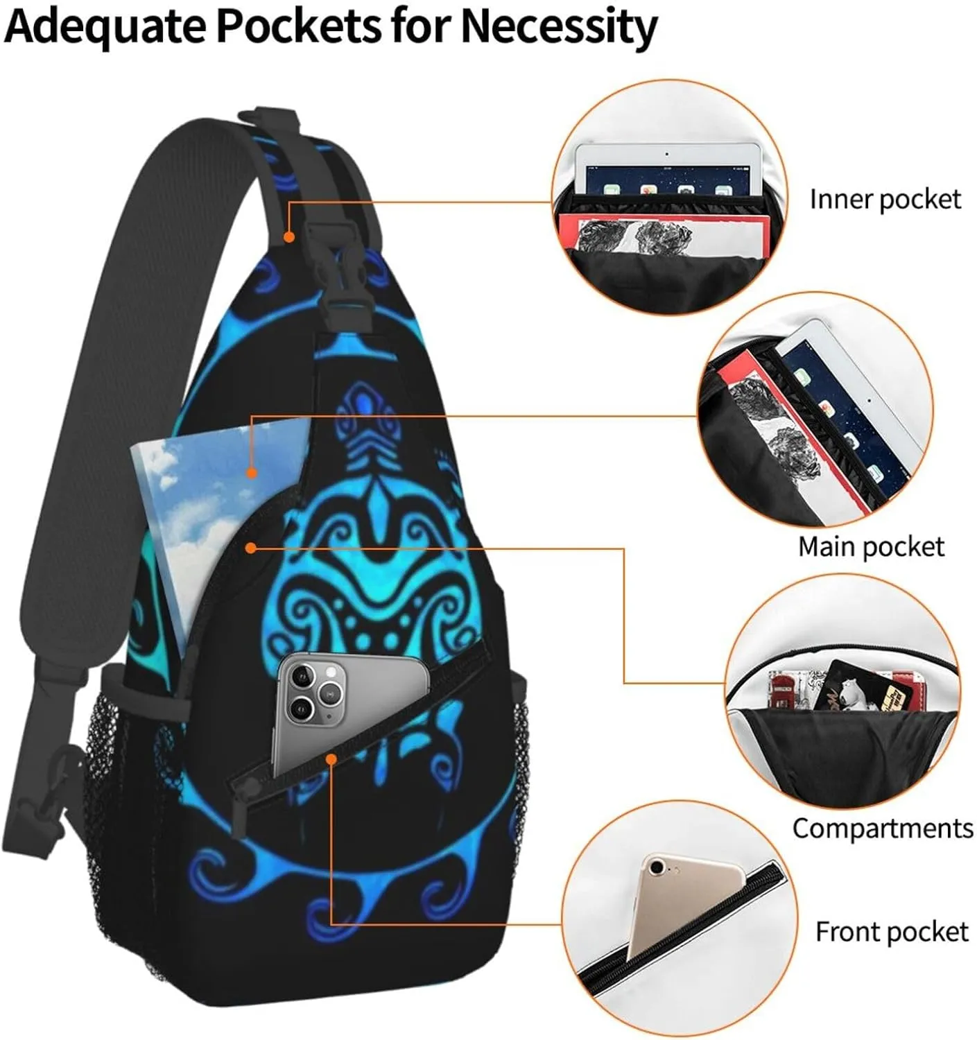 Ocean Blue Tribal Hawaiian Sea Turtle Men'S Crossbody Bag Travel Hiking Shoulder Backpack Chest Bag