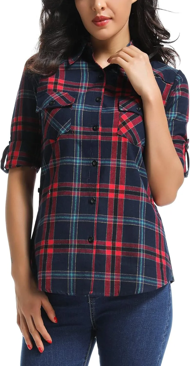 OCHENTA Women's Roll Up Sleeve Button Down Plaid Flannel Shirt Fall Casual Tops
