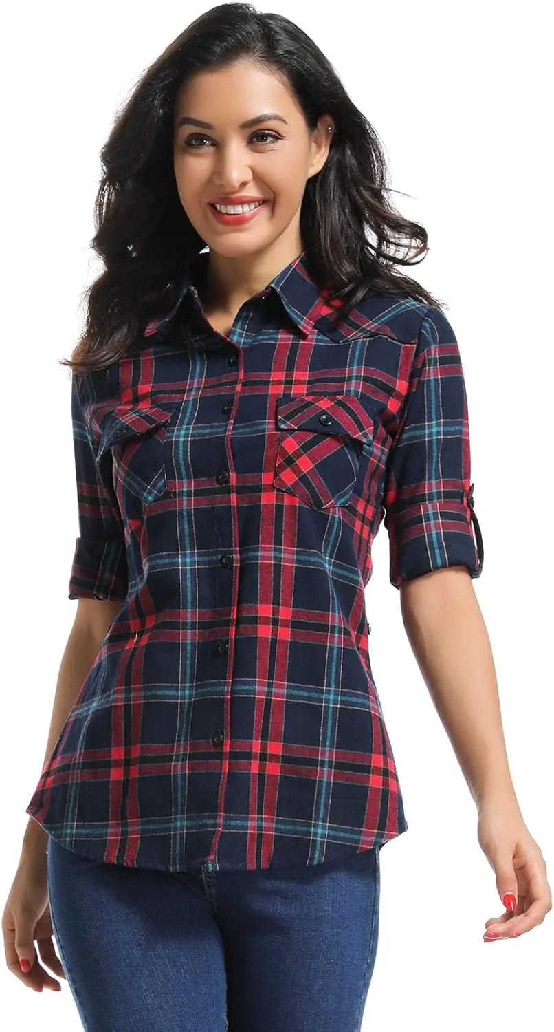 OCHENTA Women's Roll Up Sleeve Button Down Plaid Flannel Shirt Fall Casual Tops