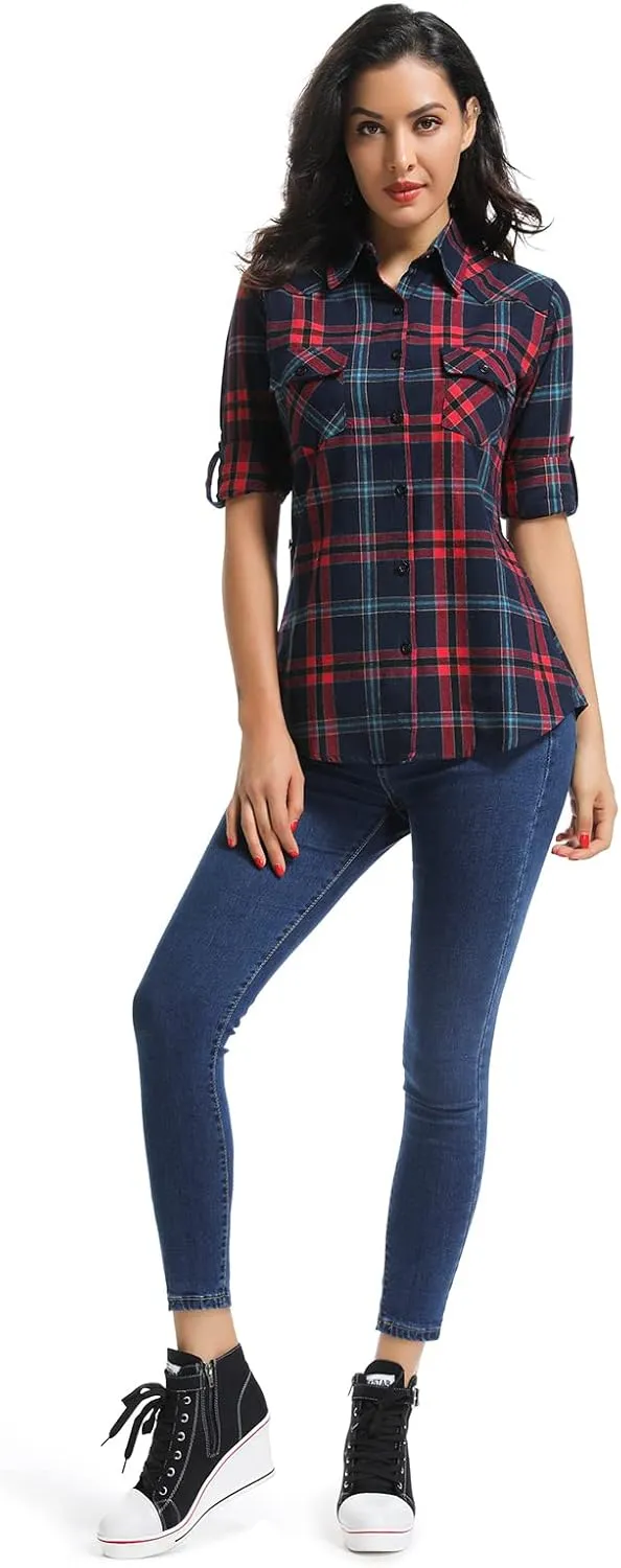 OCHENTA Women's Roll Up Sleeve Button Down Plaid Flannel Shirt Fall Casual Tops