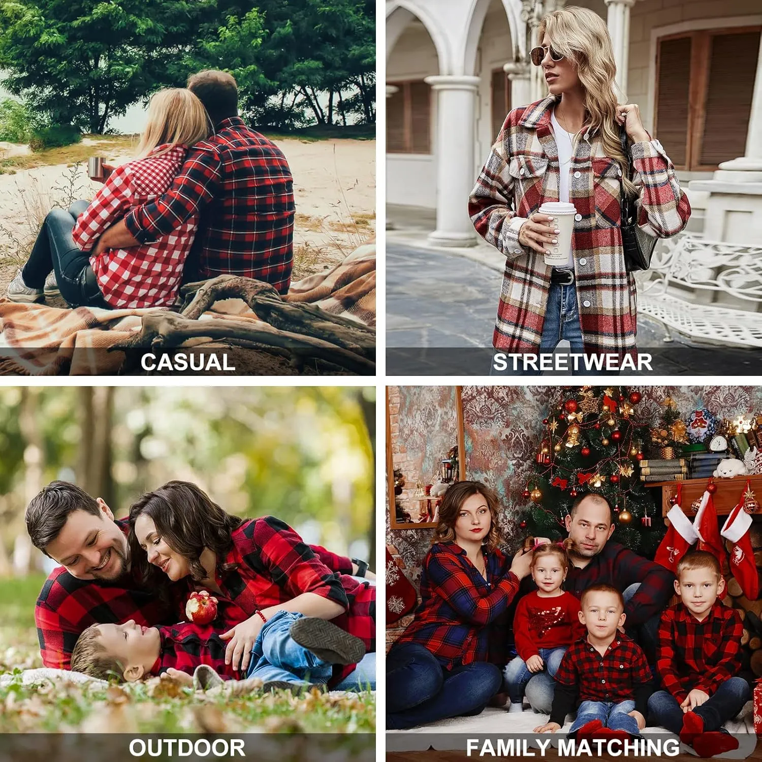 OCHENTA Women's Roll Up Sleeve Button Down Plaid Flannel Shirt Fall Casual Tops