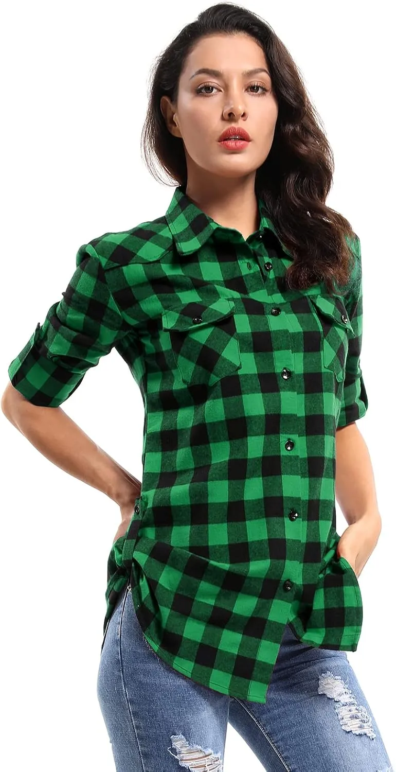 OCHENTA Women's Roll Up Sleeve Button Down Plaid Flannel Shirt Fall Casual Tops