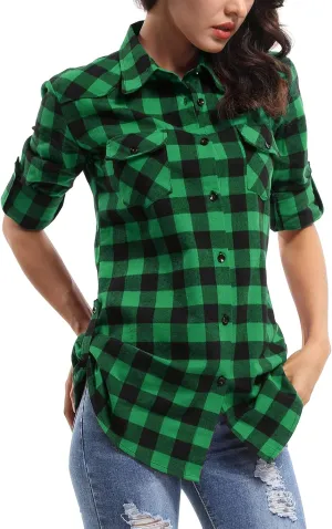 OCHENTA Women's Roll Up Sleeve Button Down Plaid Flannel Shirt Fall Casual Tops