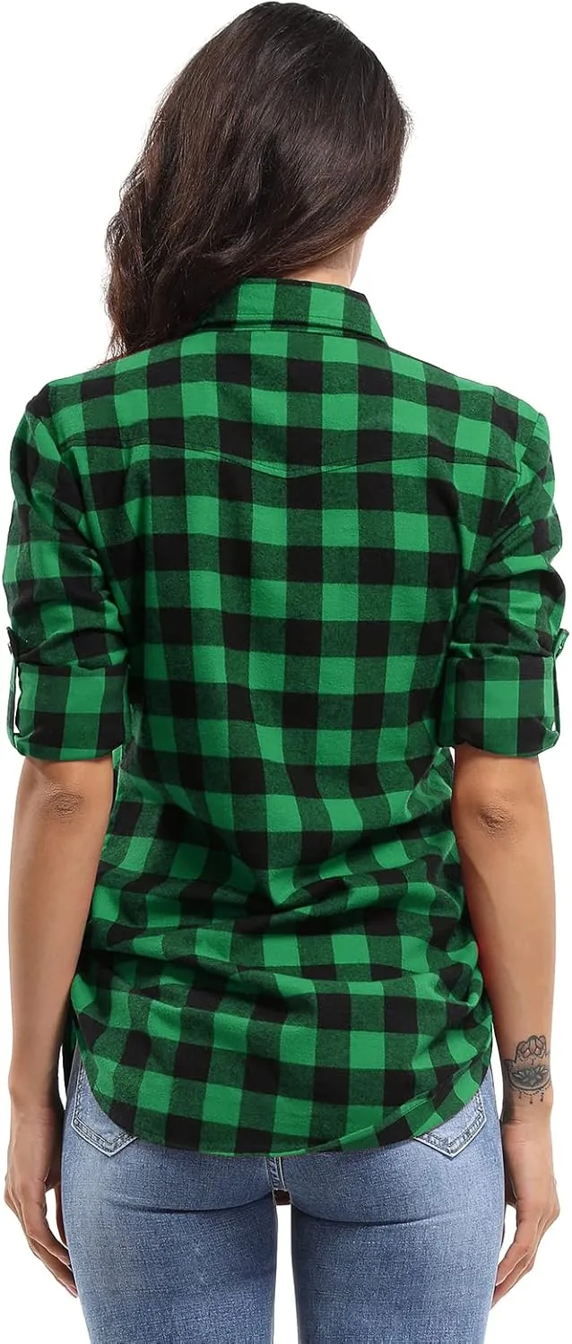OCHENTA Women's Roll Up Sleeve Button Down Plaid Flannel Shirt Fall Casual Tops