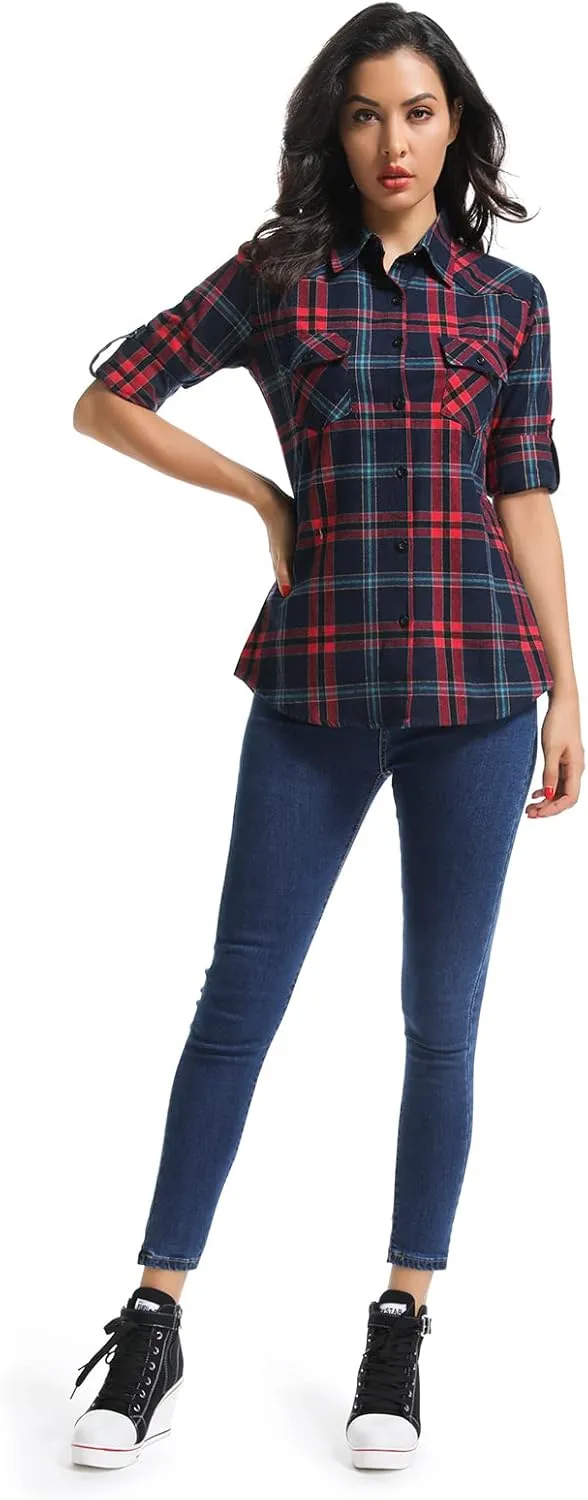 OCHENTA Women's Roll Up Sleeve Button Down Plaid Flannel Shirt Fall Casual Tops
