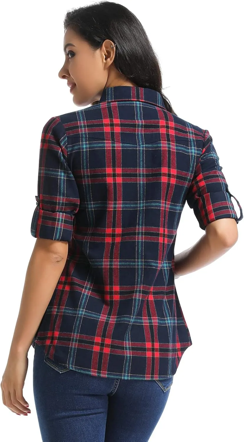 OCHENTA Women's Roll Up Sleeve Button Down Plaid Flannel Shirt Fall Casual Tops