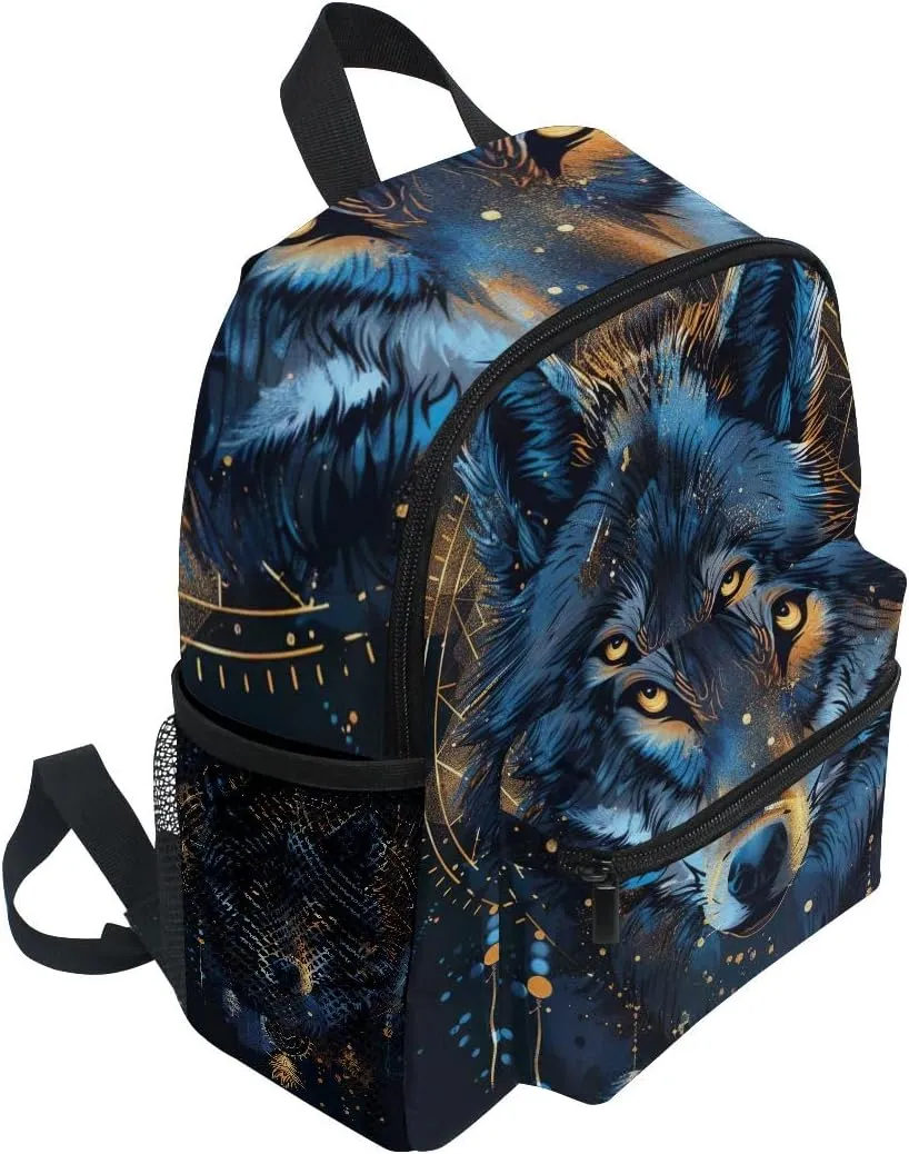 ODAWA Blue Wolf Face Kids Backpack Toddler, Bookbag for Girls, Backpack for Boys