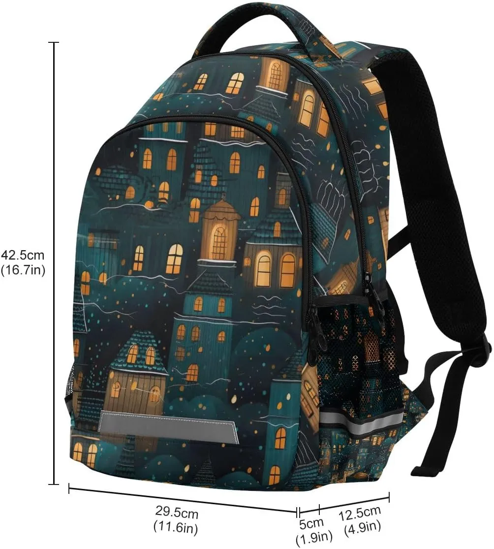 ODAWA Boys Girls Backpack, Blue Christmas City School Backpack for Boys Girls with Reflective Strips