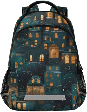 ODAWA Boys Girls Backpack, Blue Christmas City School Backpack for Boys Girls with Reflective Strips