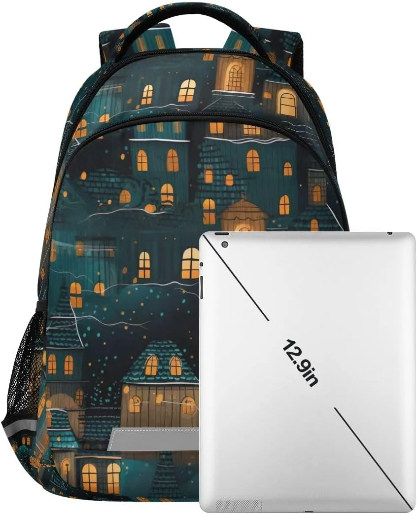 ODAWA Boys Girls Backpack, Blue Christmas City School Backpack for Boys Girls with Reflective Strips