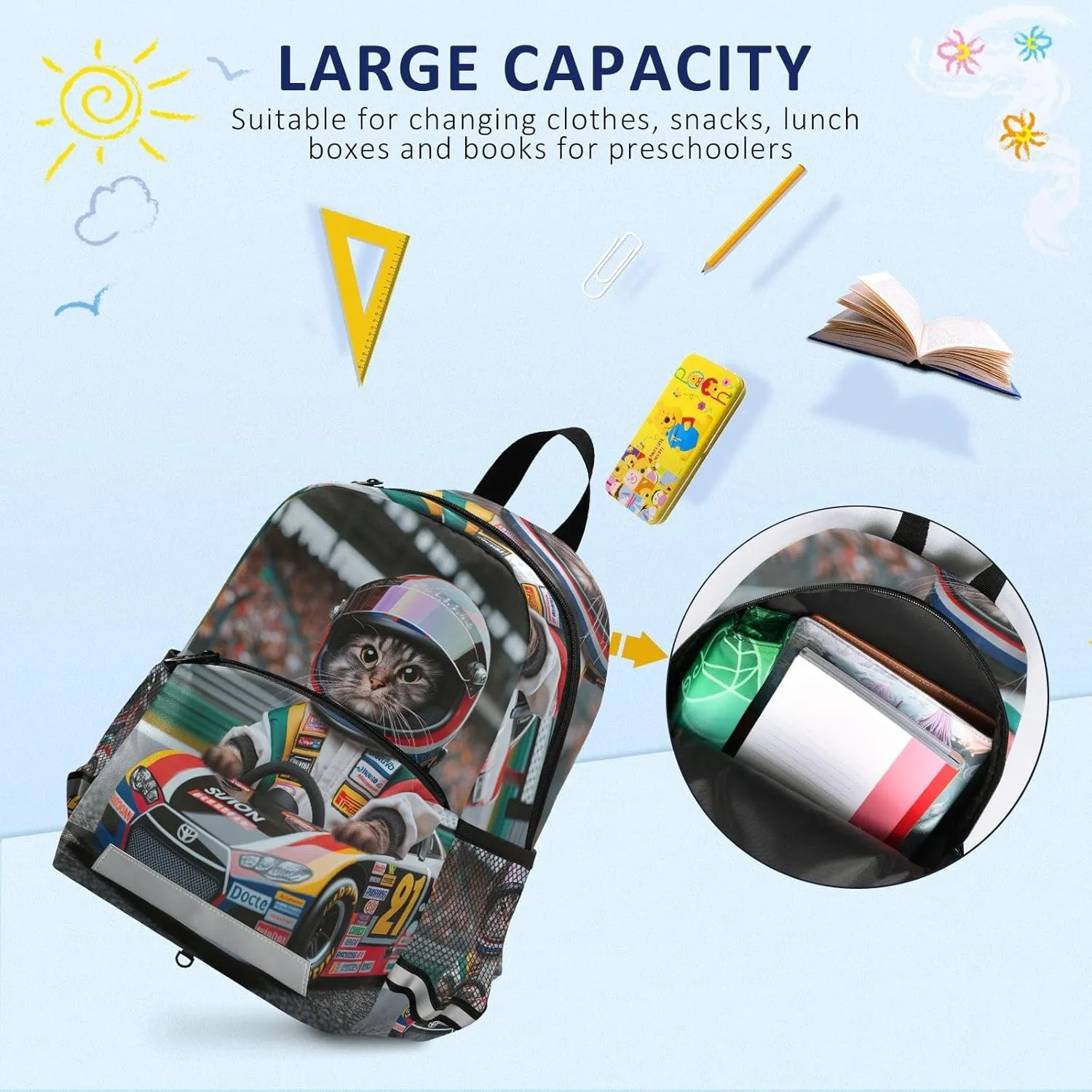 ODAWA Cat Racer Kids Backpack for School Boys 4-7 Toddler Travel Backpack with Leash