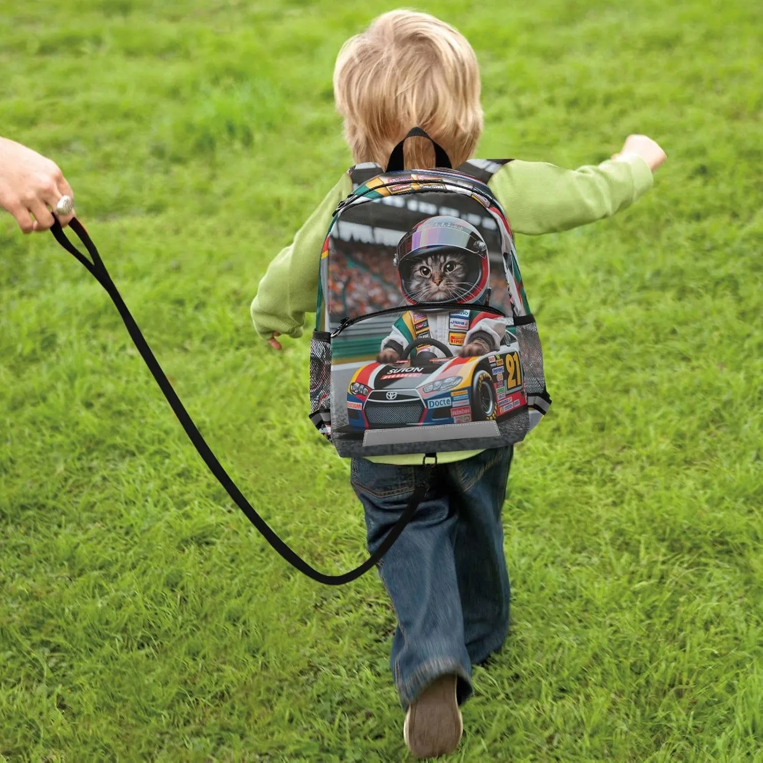 ODAWA Cat Racer Kids Backpack for School Boys 4-7 Toddler Travel Backpack with Leash