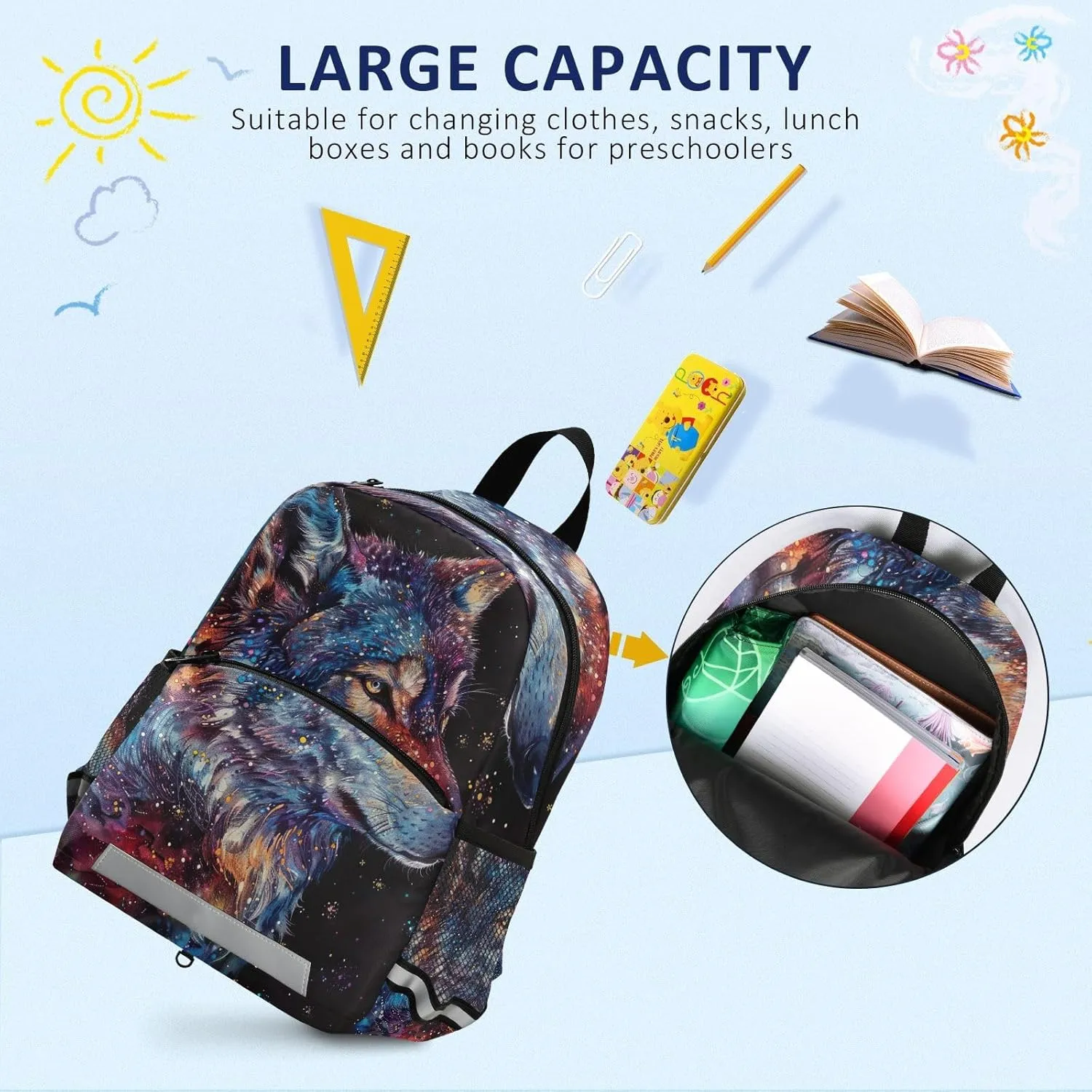 ODAWA Colorful Galaxy Wolf Toddler Backpack for Boys Girls Kindergarten Preschool Kids Travel Bag