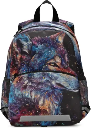 ODAWA Colorful Galaxy Wolf Toddler Backpack for Boys Girls Kindergarten Preschool Kids Travel Bag