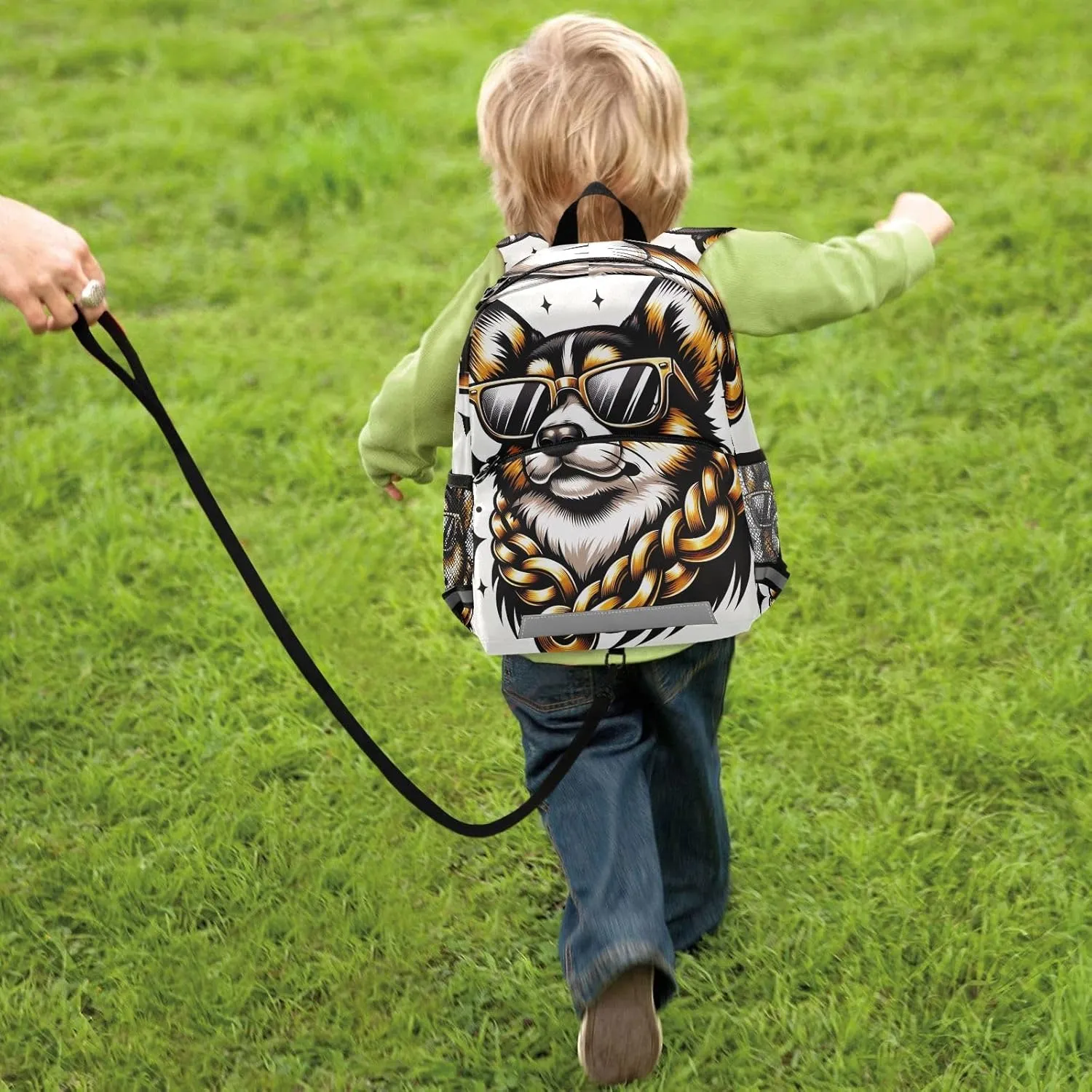 ODAWA Cute Dog with Gold Chain Kids Travel Backpack Toddler Bag with Leash Boy