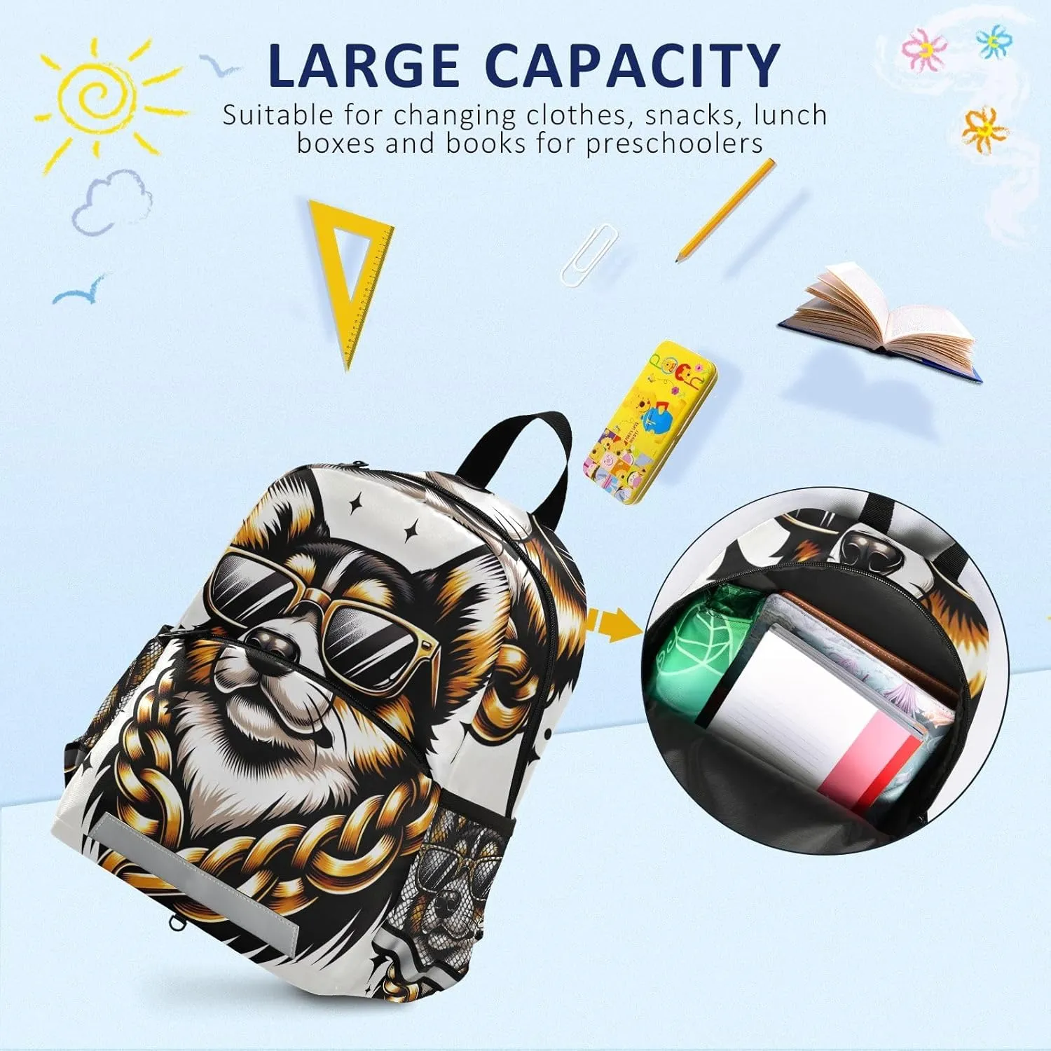 ODAWA Cute Dog with Gold Chain Kids Travel Backpack Toddler Bag with Leash Boy