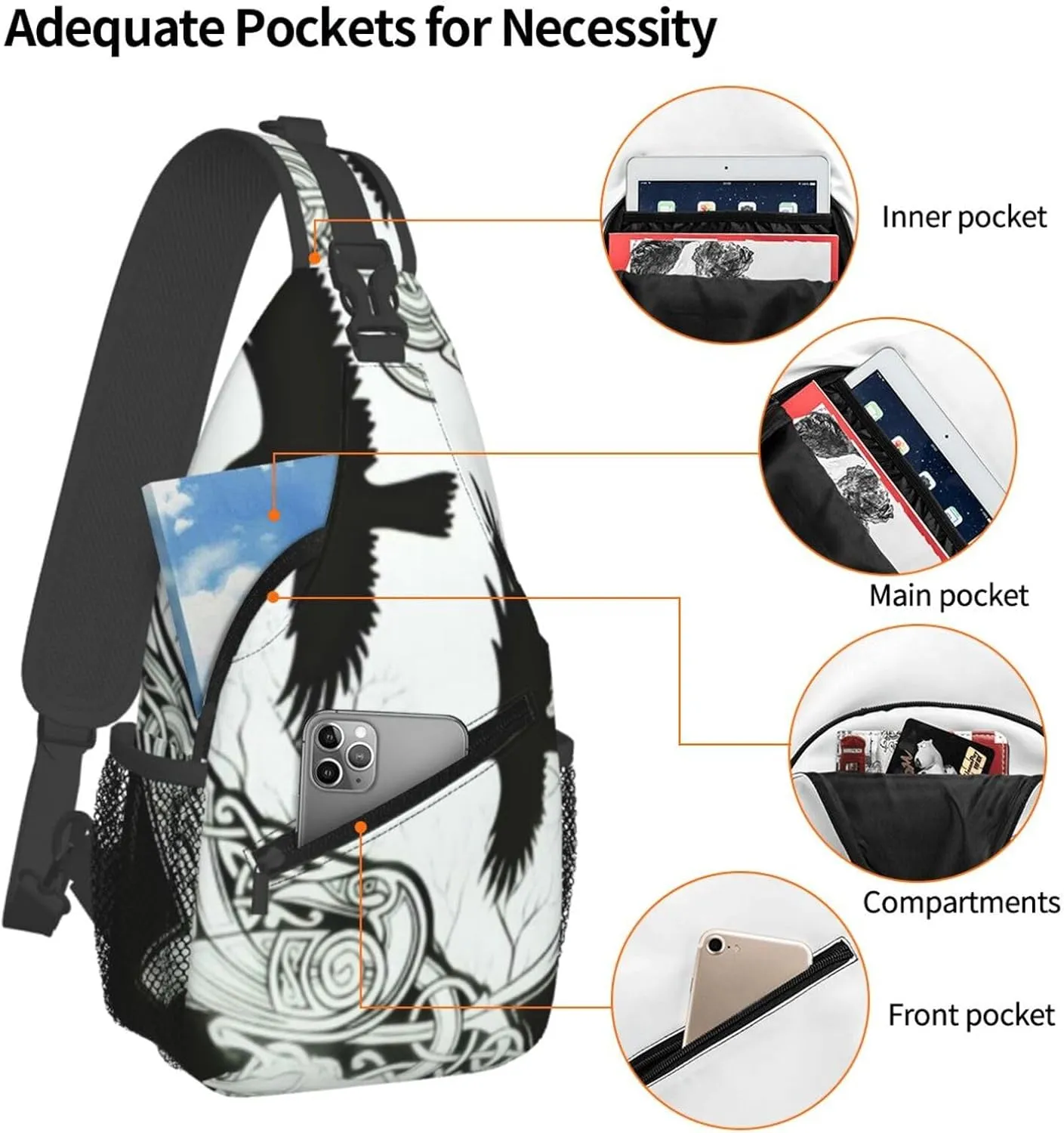 Odin Viking Norse Mythology Black Raven Crow Men'S Crossbody Bag Travel Hiking Shoulder Backpack Chest Bag