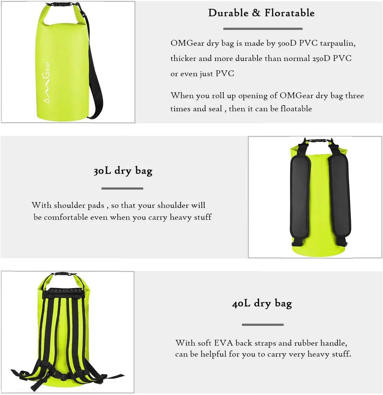 OMGear Waterproof Dry Bag Backpack Phone Pouch 40L/30L/20L/10L/5L Floating Dry Sack for Kayaking Boating Outdoors Activities