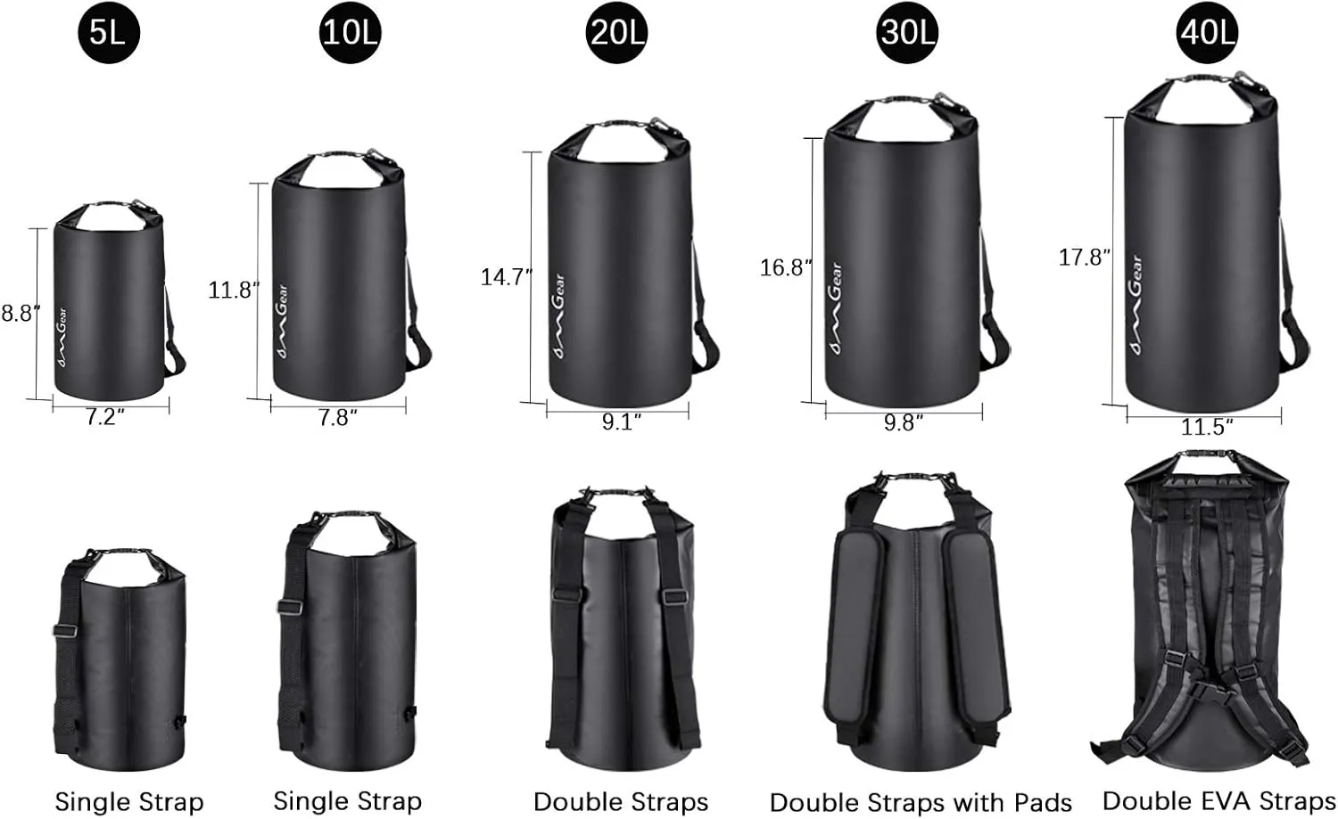 OMGear Waterproof Dry Bag Backpack Phone Pouch 40L/30L/20L/10L/5L Floating Dry Sack for Kayaking Boating Outdoors Activities