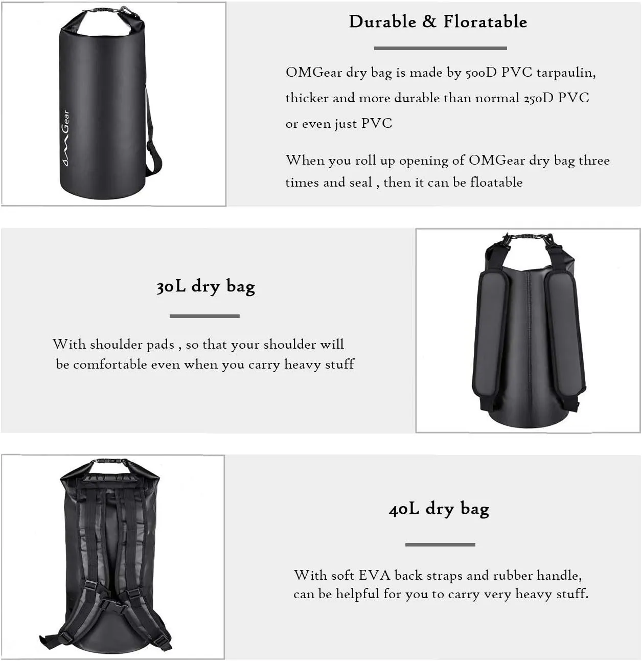 OMGear Waterproof Dry Bag Backpack Phone Pouch 40L/30L/20L/10L/5L Floating Dry Sack for Kayaking Boating Outdoors Activities