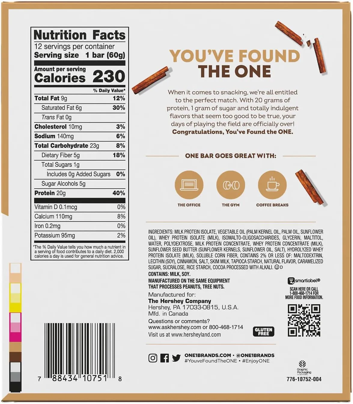 ONE Protein Bars, Cinnamon Roll, Gluten Free with 20g Protein and 1g Sugar, Pantry Staples, 2.12 oz (12 Count), Packaging May Vary