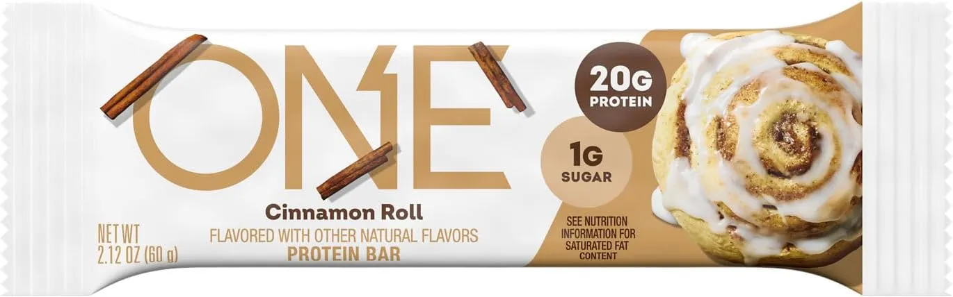ONE Protein Bars, Cinnamon Roll, Gluten Free with 20g Protein and 1g Sugar, Pantry Staples, 2.12 oz (12 Count), Packaging May Vary