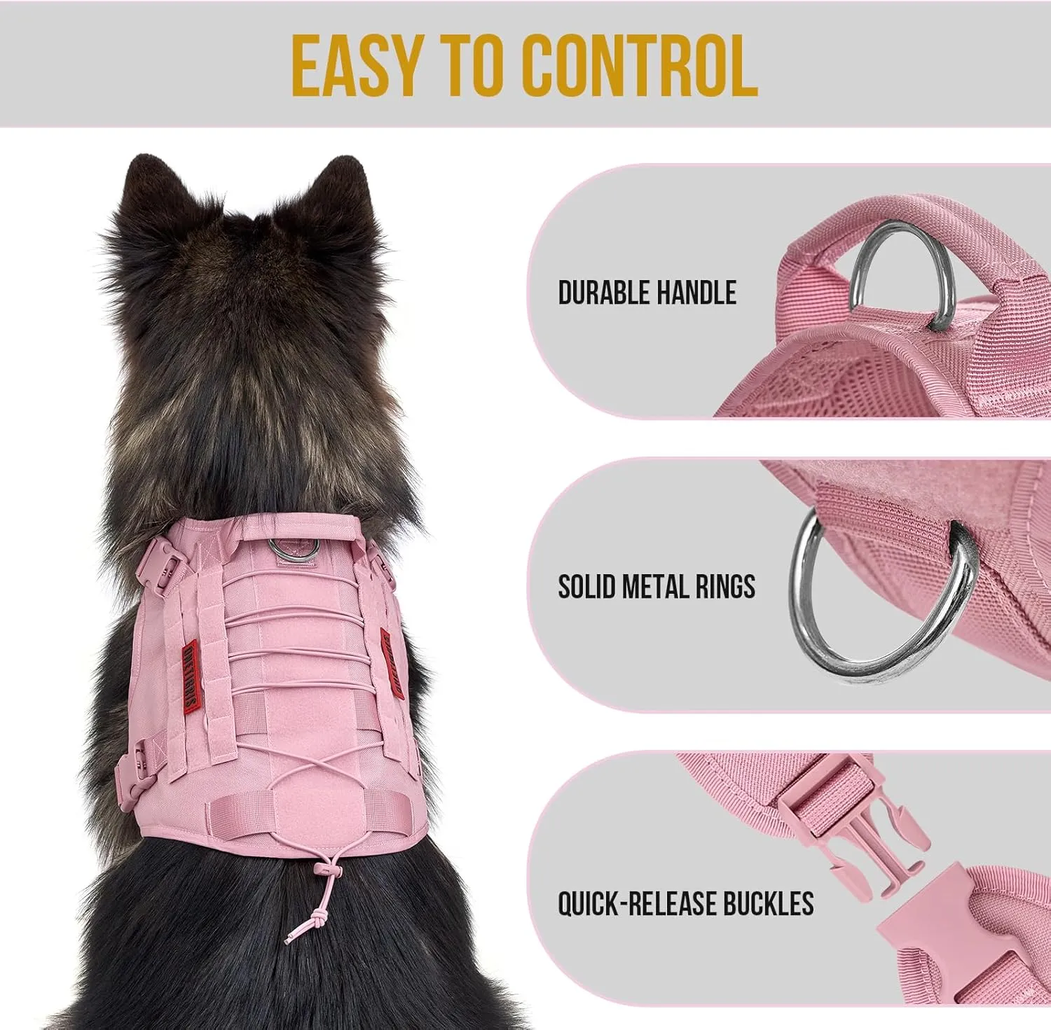 OneTigris Tactical Dog Harness Vest,No-Pull Service Dog Vest with Hook & Loop Panels,Adjustable Dog Vest Harness for Walking Hiking Training(Pink,XS)