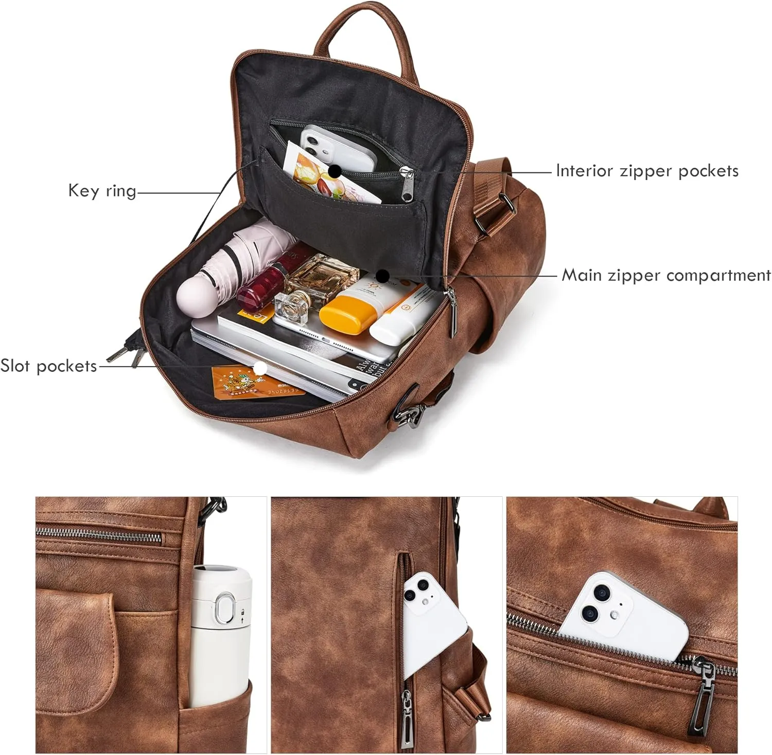 OPAGE Leather Backpack Purse for Women Fashion Designer Ladies Shoulder Bags Travel Backpack With Wristlet