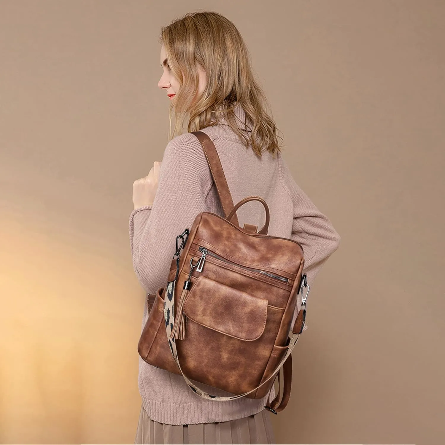 OPAGE Leather Backpack Purse for Women Fashion Designer Ladies Shoulder Bags Travel Backpack With Wristlet