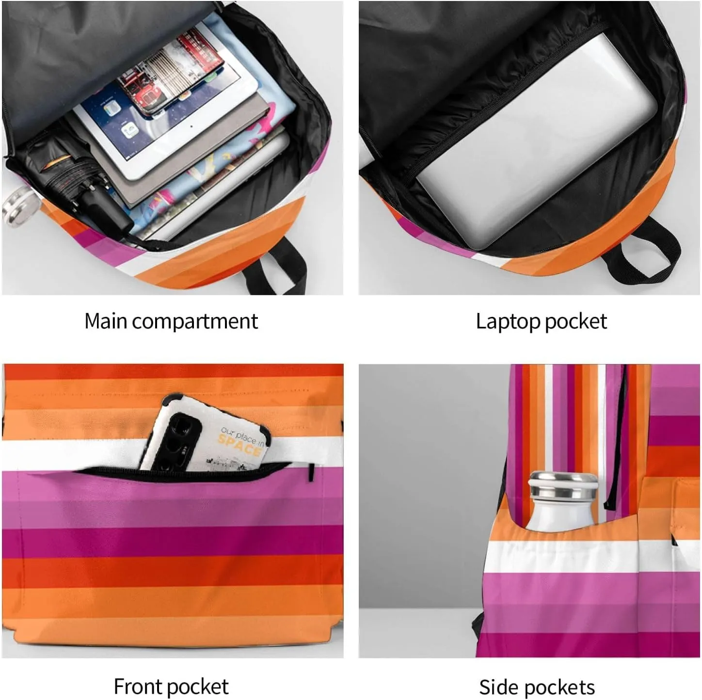 Orange Magenta Lesbian Pride Flag 17 Inch Casual Backpack Laptop Backpacks Travel Back Pack Large Camping Rucksack Hiking Daypack Lightweight Double Shoulder Bag