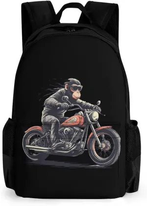 Orangutan Ape Riding Motorcycles Cute Backpack Travel Work Bag with Water Bottle Pocket Adjustable Padded Shoulder Straps Daypack 42x30.5cm