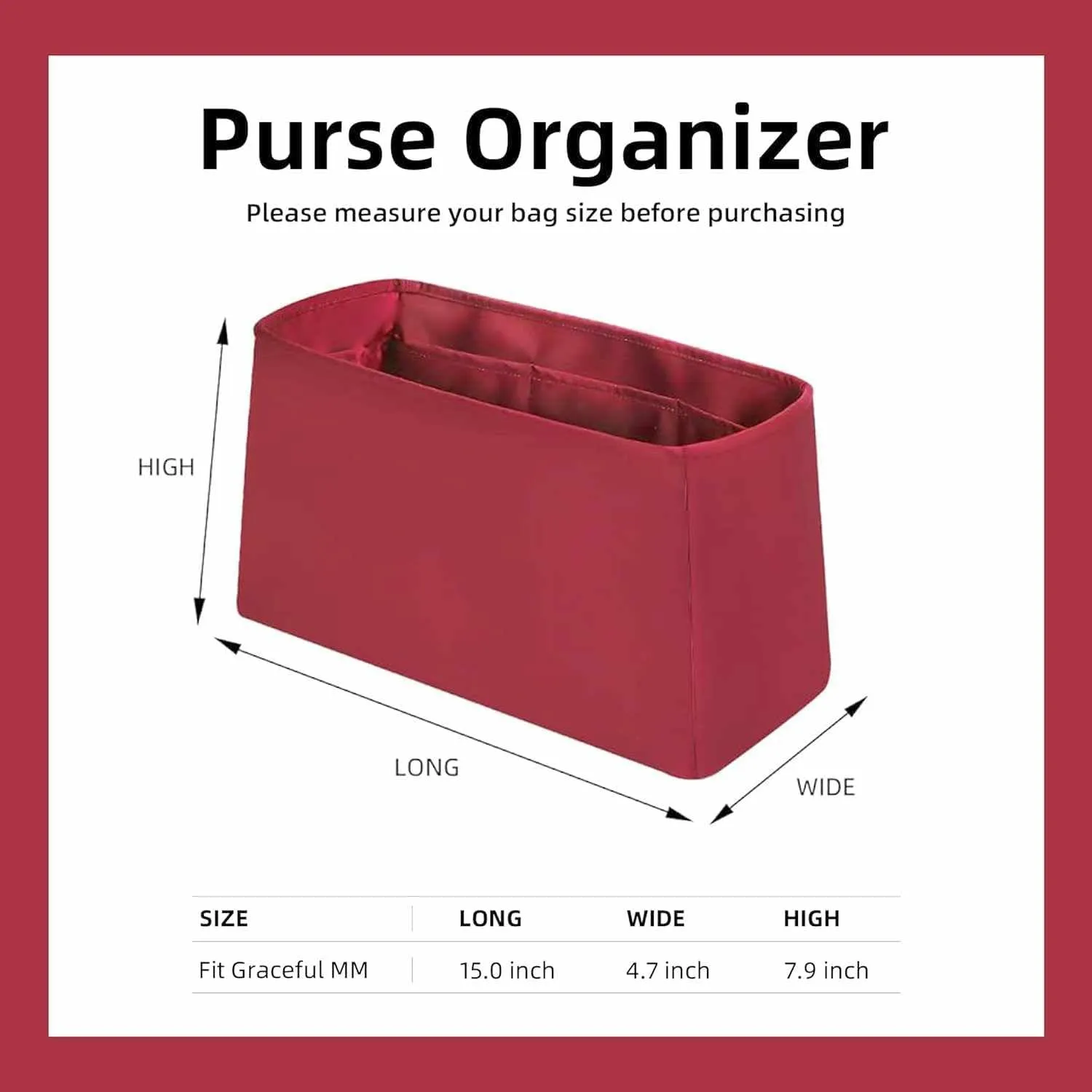 Organizer Insert for LV Graceful mm Bags,Wine Red,Luxury Bags Storage with Silk, Lightweight Shaper for Daily Use, Pockets Large Capacity