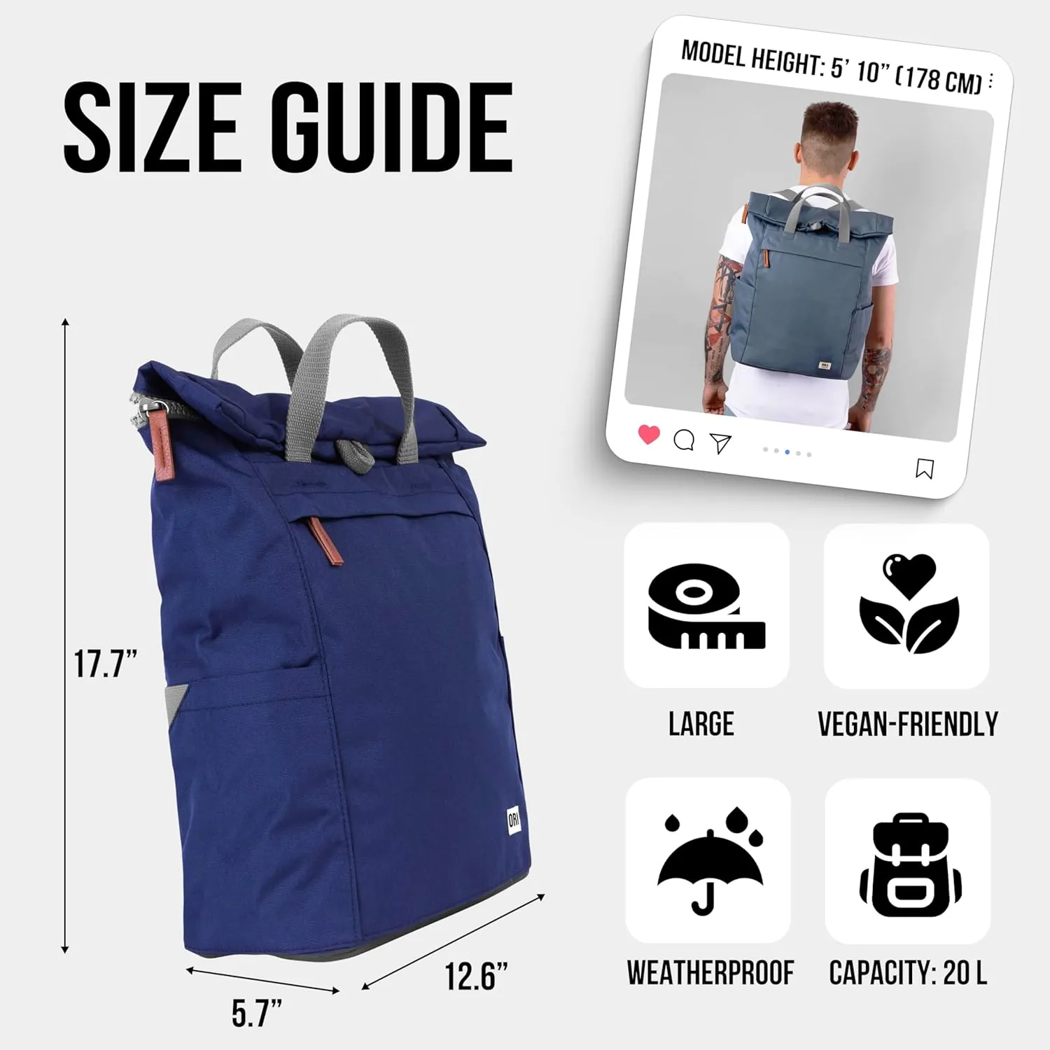 ORI LONDON Rolltop Backpack - Large Travel Backpack with Lots of Pockets for Men & Women - The Finchley, Mineral