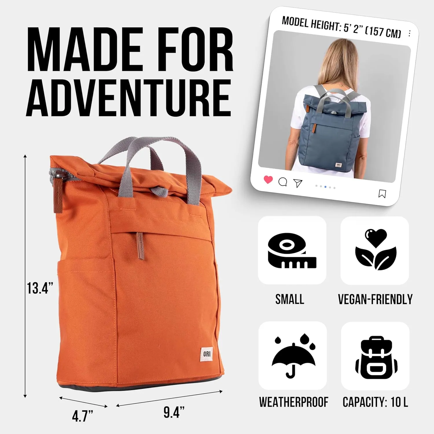 ORI LONDON Rolltop Backpack - Small Travel Backpack with Lots of Pockets for Men & Women - The Finchley, Atomic Orange