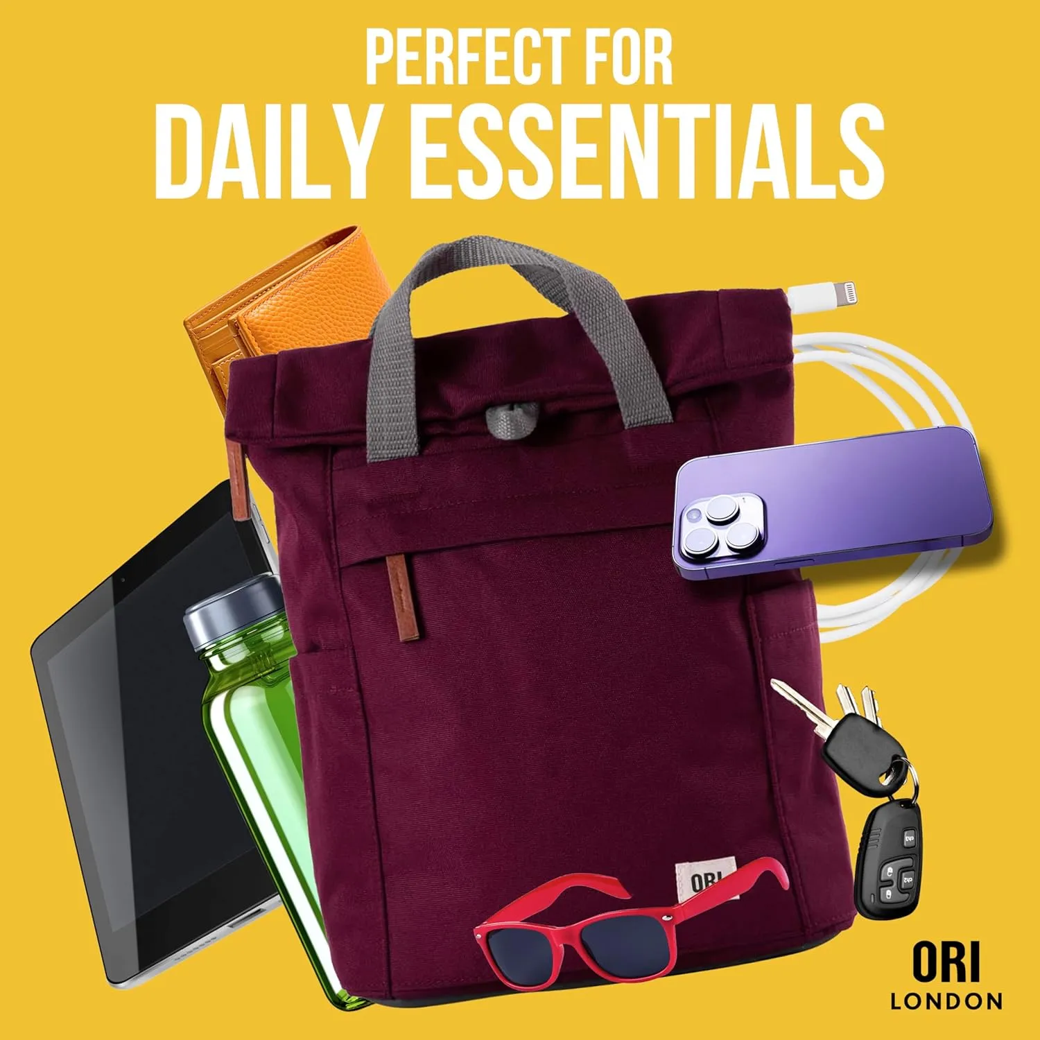 ORI LONDON Rolltop Backpack - Small Travel Backpack with Lots of Pockets for Men & Women - The Finchley, Atomic Orange