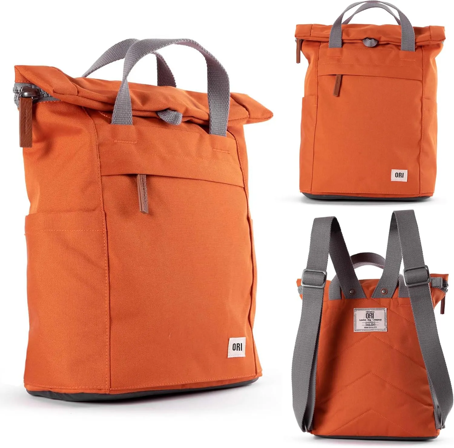 ORI LONDON Rolltop Backpack - Small Travel Backpack with Lots of Pockets for Men & Women - The Finchley, Atomic Orange