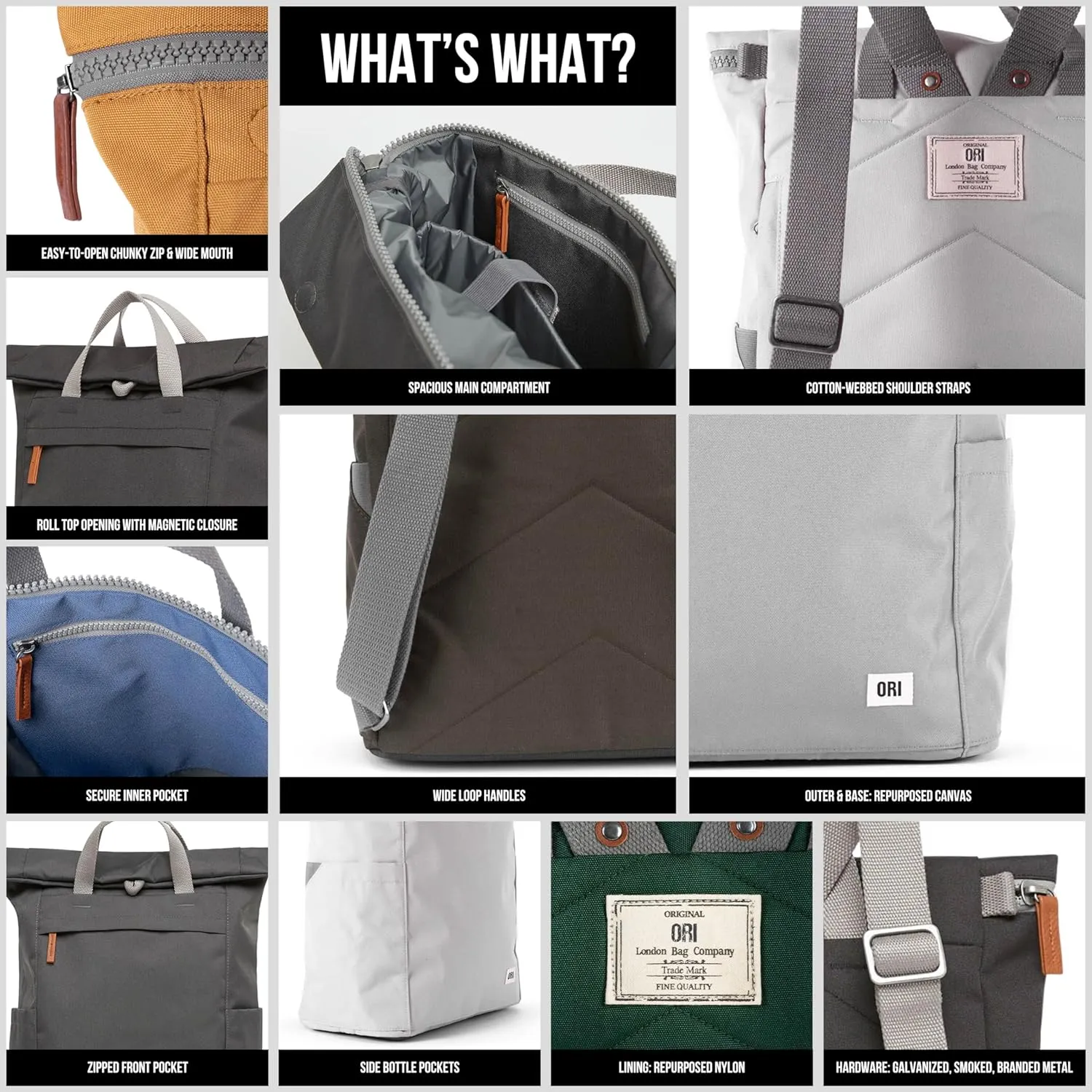 ORI LONDON Rolltop Backpack - Small Travel Backpack with Lots of Pockets for Men & Women - The Finchley, Forest