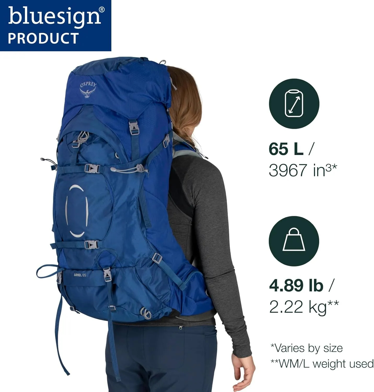 Osprey Ariel 65L Women's Backpacking Backpack, Black, WM/L