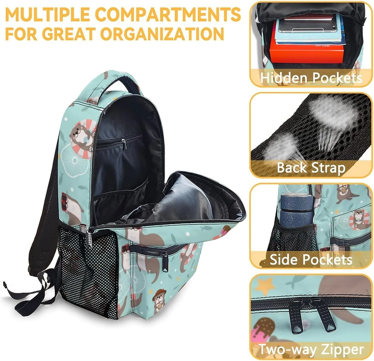 Otter Backpack for Boys, 16 Inch Green Backpacks for School, Cute Lightweight Bookbag for Kids