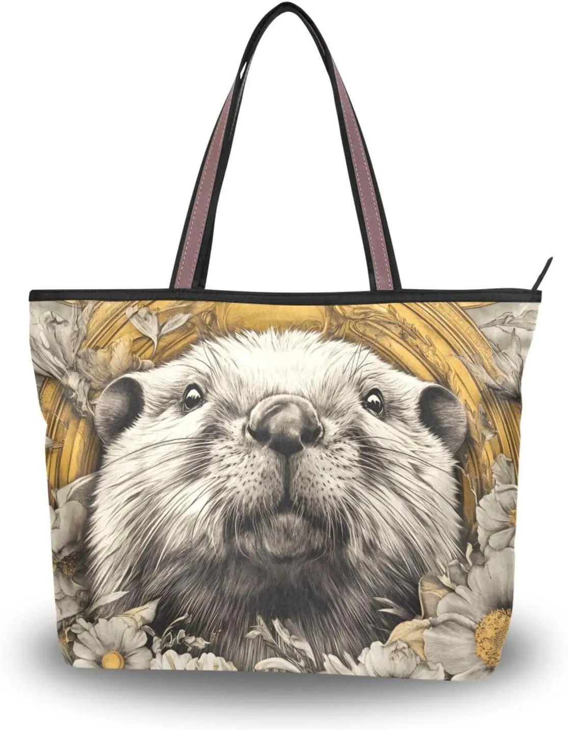 Otter Floral Gold Cute Tote Bag for Women Durable Designer Handbag with Zipper for Daily Use L