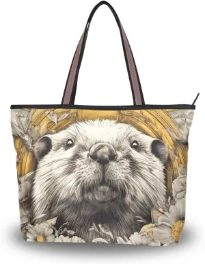 Otter Floral Gold Cute Tote Bag for Women Durable Designer Handbag with Zipper for Daily Use L