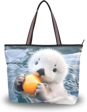 Otter White Ball Tote Bag for Women Durable Designer Handbag with Zipper for Daily Use Travel L
