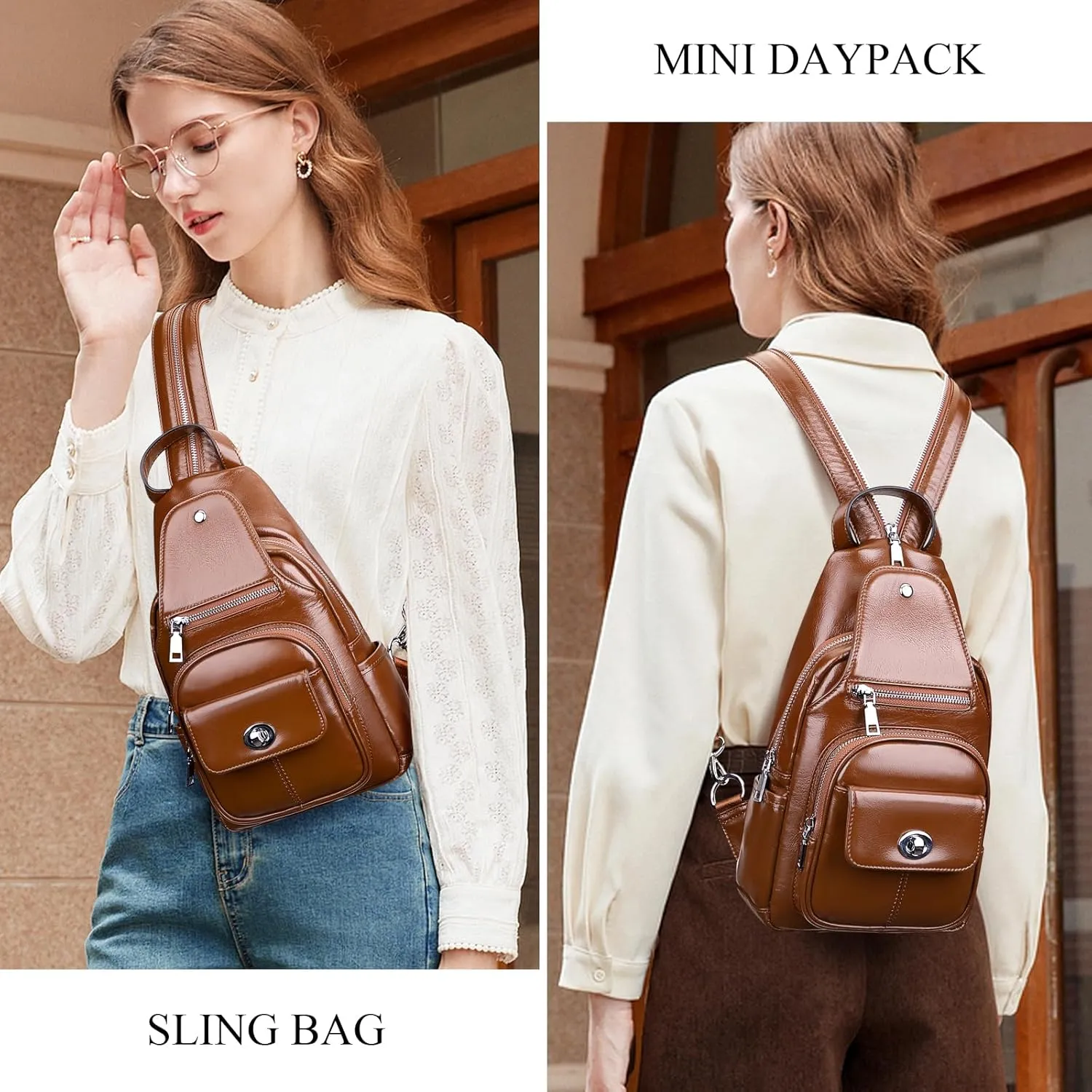Over Earth Genuine Leather Sling Bag for Women Men Small Crossbody Purse Causal Hiking Chest Backpack