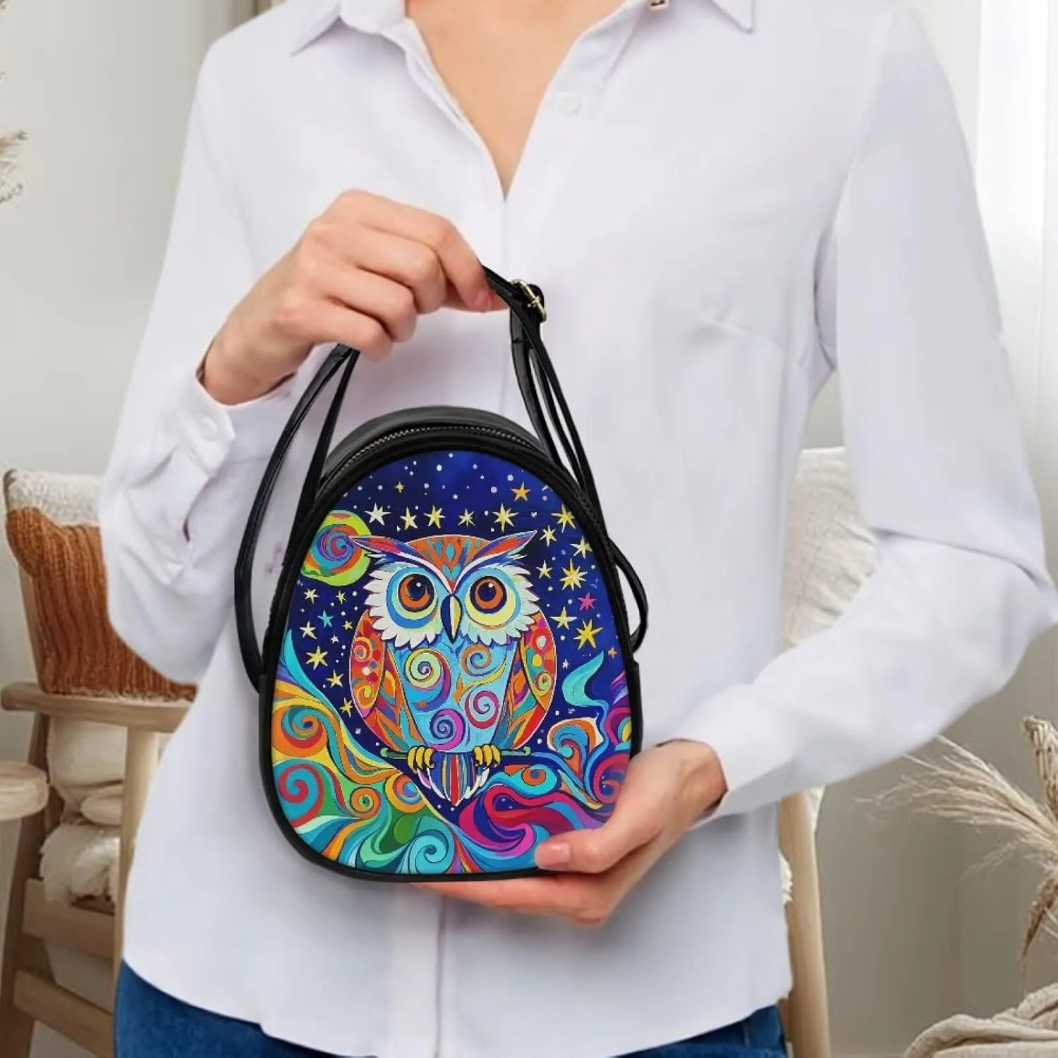 Owls Shoulder Bag Purse for Women PU Leather Crossbody Cell Phone Holder, Small Sling Bag Travel Handbag Zipper