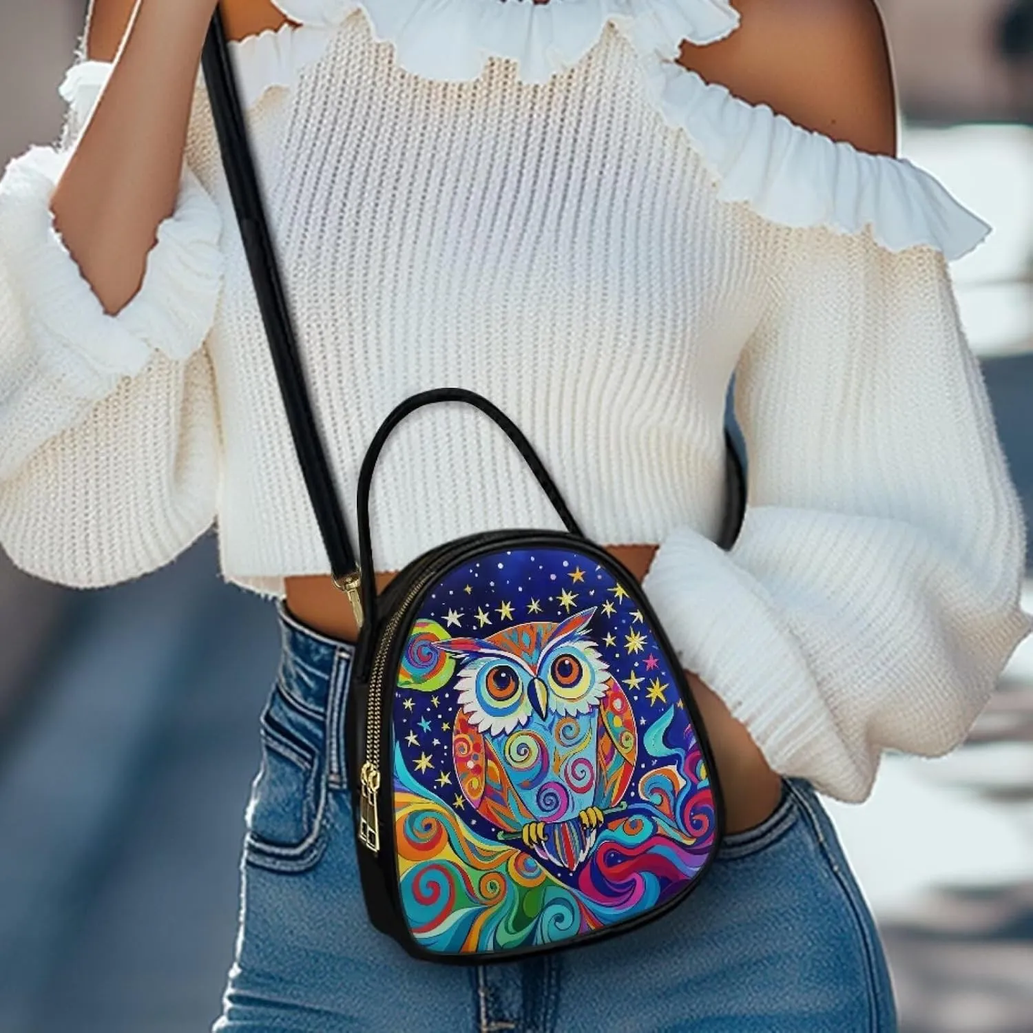 Owls Shoulder Bag Purse for Women PU Leather Crossbody Cell Phone Holder, Small Sling Bag Travel Handbag Zipper